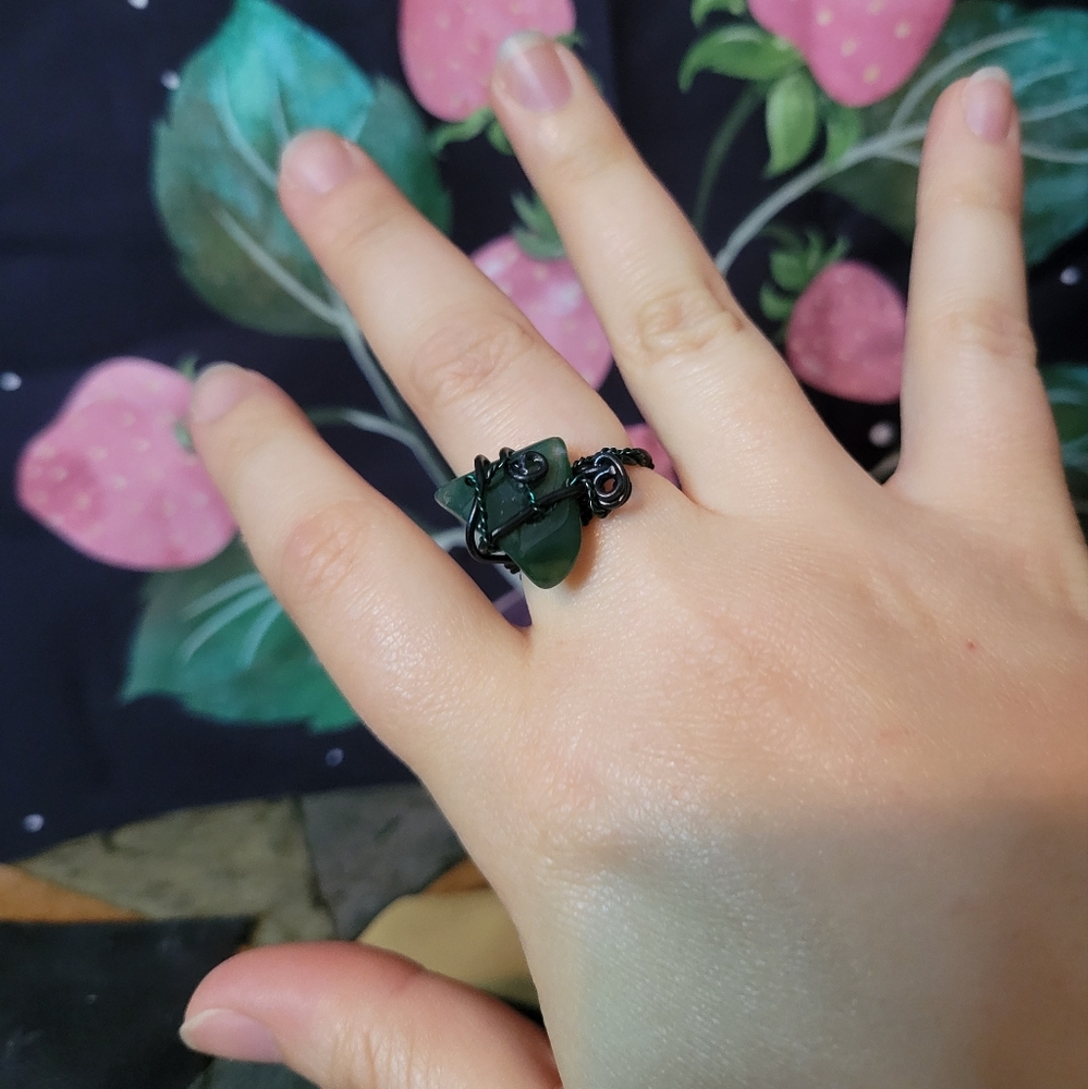 Green Stone Wire Wrapped Ring Handmade